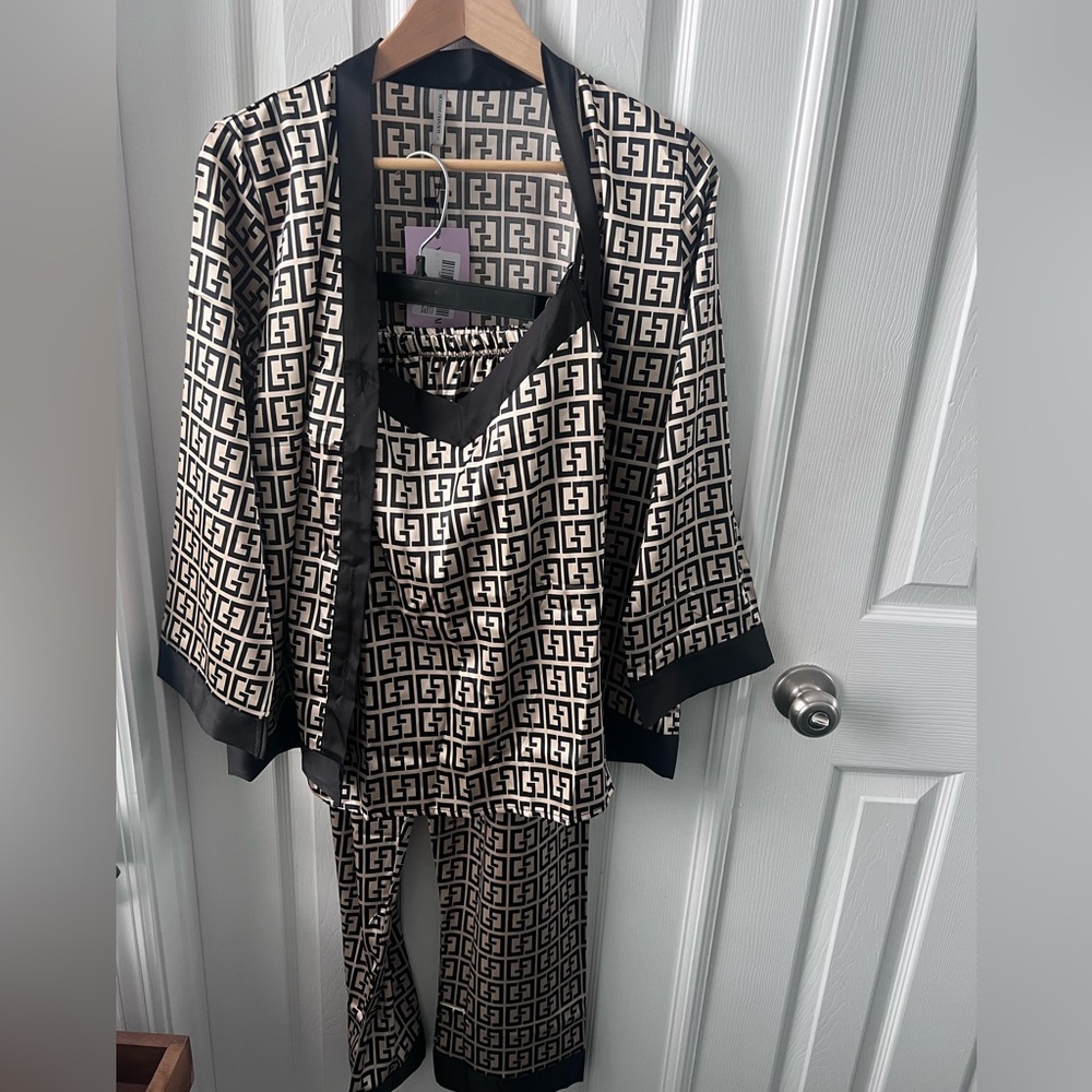 Fancy Black and Cream Patterned Satin Pajama Set
